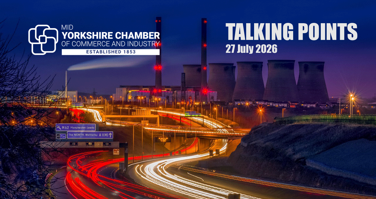 Mid Yorkshire Chamber of Commerce header image showing the M62 motorway and Ferrybridge power station, representing Yorkshire industry, infrastructure, manufacturing and economic growth.